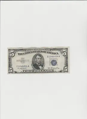 1953 Silver Certificate $5 Dollar Bill Blue Seal Note C 12464534 A • $22.75