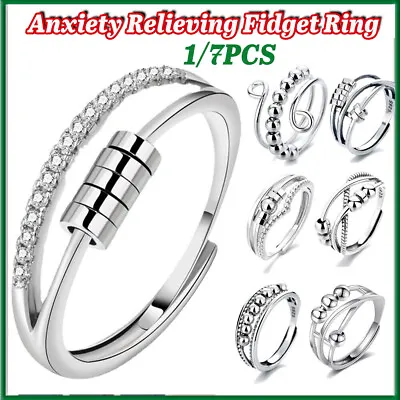 $11.99 • Buy Anti Anxiety Fidget Rings With Beads Spinner Adjustable Open Ring For Women Girl
