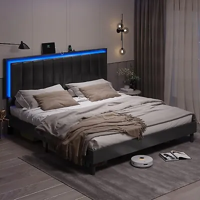 King Size Bed Frame With LED Light Faux Leather Upholstered Platform Bed Black • $199.99