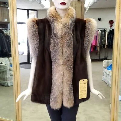 Mahogany Mink Fur 28  Vest With Crystal Fox Fur Trim- Size 14 • $1895