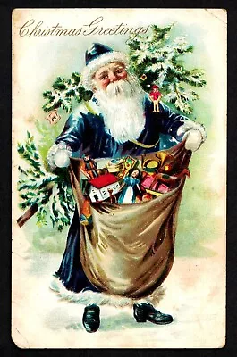 0603 Antique Vintage Christmas Postcard Santa Claus Blue Robe Bag Toys Tree TUCK • $19.99