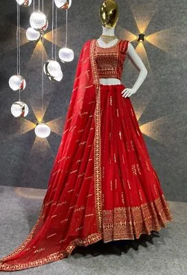 $71.98 • Buy Indian Women Red Embroidered Attractive Party Wear Georgette Silk Lehenga Choli