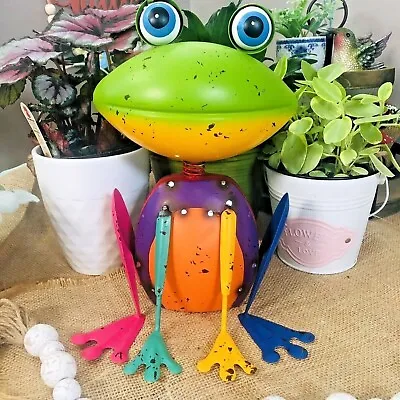 Yard Metal Sculpture Colorful Green Frog WHIMSICAL Garden Outdoor Metal Frog • $35