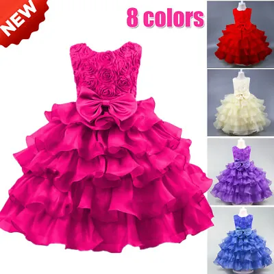 Girls Flower Bridesmaid Dress Baby Kids Princess Party Rose Bow Wedding Dresses • £12.99