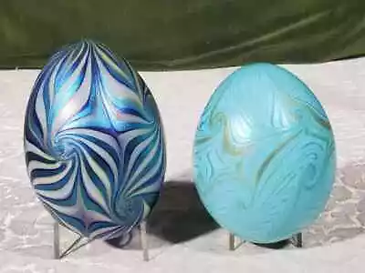 2 Vandermark Signed Art Glass 5  Egg Form Iridescent Pulled Feather Spiral • $249.90