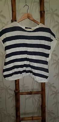 Bassike-Ladies Size 1-Linen Cotton-Navy/White Striped-Short Sleeve Boxy Top • $20