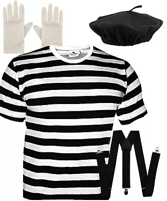 Men's French Mime Artist Stag Do Fancy Dress T-Shirt Beret Braces Gloves Outfit • £14.95