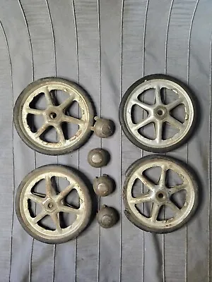 Vintage Stroller Wagon Toy Wheels Hub Cap Rubber Tires Set Of 4 Parts Project • $23