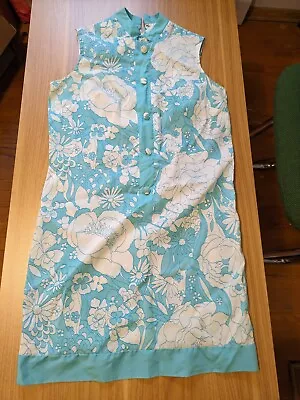 Mod 1960 Summer Dress Blue Floral Unbranded Beautiful Hawaii Floral Print Vtg • $35