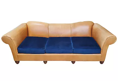 VINTAGE Large ITALIAN Brown LEATHER & Blue Fabric Upholstered 101  SOFA Couch • $700