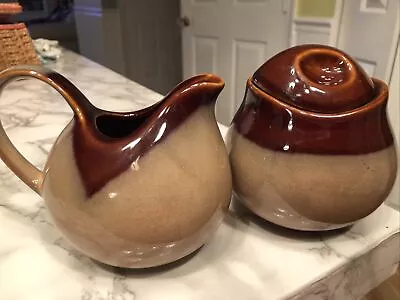 Pottery Brown Drip Glaze Creamer / Sugar Bowl With Lid USA Made Vintage • $13.99