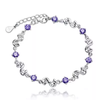 925 Sterling Silver Bracelet Jewelry White Purple Retro Wedding Cubic Zirconia • £2.26