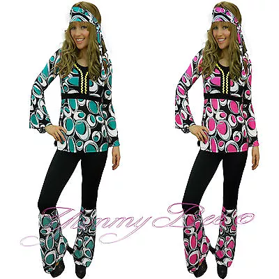 60s Fancy Dress Women Hippy Costume 70s Hippie Disco Gogo Retro Powers Size 6-18 • £29.97