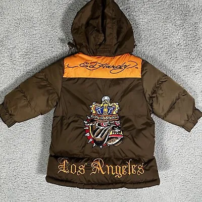 Don Ed Hardy Kids Hoodie Puffer Jacket Brown Bulldog Patch Size 2T Y2K Skate • $27.75