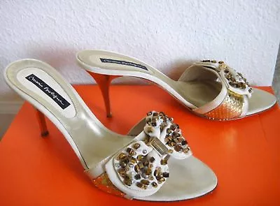 $500 MARIO BOLOGNA Jeweled Bow Beige Gold Slides Slip On Sandals Shoes 40 9 EUC • $109.98