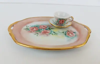 Vintage Hand Painted Dollhouse Serving Tray Tea Cup Saucer Floral W/Gold Trim • $8.99