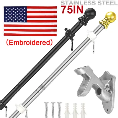 Heavy Duty 6FT Flag Pole +Bracket Stainless Steel Flagpole W/ 3x5' US Flags • $18.95