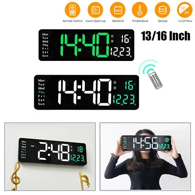 12/16  LED Digital Wall Clock Temperature Date Day Display With Remote Control • £22.59