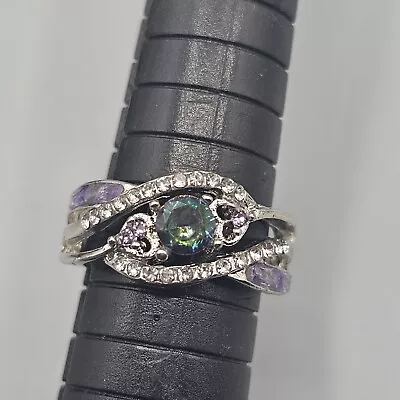 Mystic Topaz Ring Silver Tone Green Purple Crystal Heart Scroll Work Size 7 • $24.99