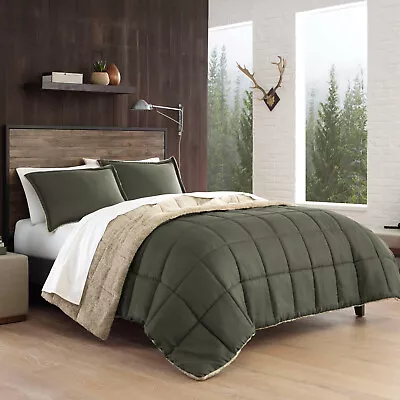 Eddie Bauer Queen Comforter Set Reversible Luxury Sherpa Bedding W Shams Green • $117.02