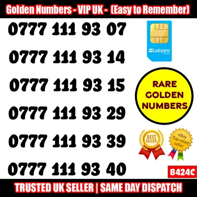 Golden Number VIP UK SIM Cards - Easy To Remember Mobile Numbers LOT - B424C • £24.95