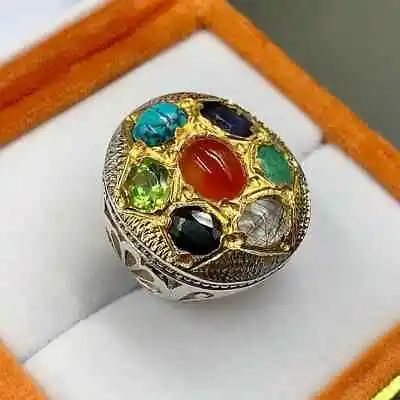 Men MultiStone Ring Yemeni Aqeeq Blue Sapphire Emerald Peridot Turquoise & • £271.49