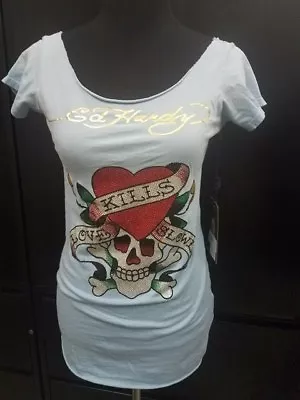 Ed Hardy By Christian Audigier Light Blue Love Kills Slowly NWT $165 Crystals M • $164.99