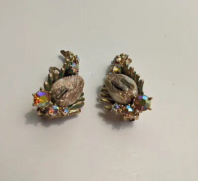 Vintage HAR Dragon's Tooth & Aurora Borealis Rhinestone Clip On Earrings • $110