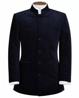 Men Nehru Collar Smoking Jacket Navy Blue Velvet Collar Dinner Jacket For Men • £63.50