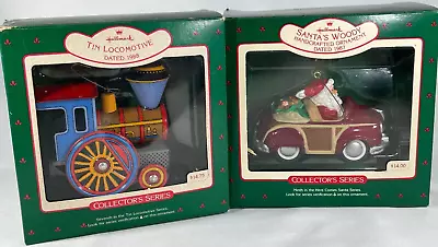 Vintage Hallmark Christmas Ornaments 1987 Tin Locomotive QX484-9 & Santa's Woody • $41.96