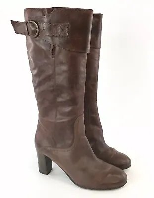 Lea Foscati Ladies Brown Leather Knee High Zip Heeled Booties Boots 40 UK6.5 -7 • £31.92