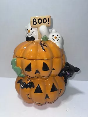 David's Halloween Cookie Jar Ghost Boo Lid Black Cat Pumpkin Halloween Design • $29.95