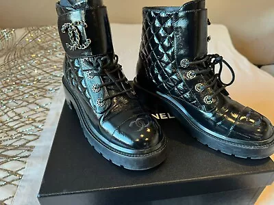 Chanel Patent Black Lace Up CC Boots Size 39 Used • £900