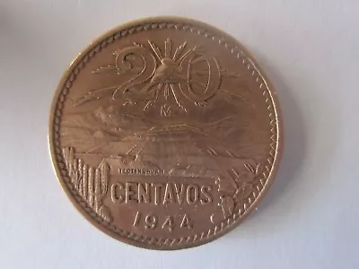 1944 Mexico 20 Centavos Brass Sun Pyramid Eagle On Back Coin • $3.90