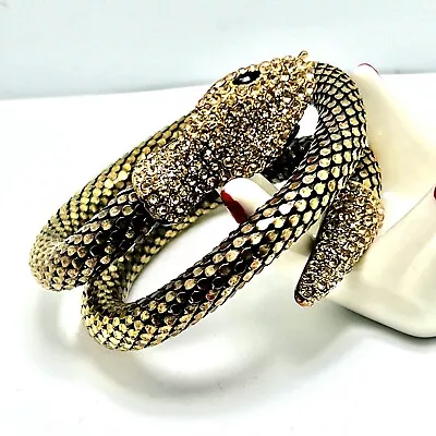 Vintage Unsigned Beauty! Rhinestone Snake Mesh Memory Wire Wrap Around Bracelet • $26