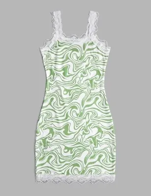 Womens Size 12-14 Green Marble Bodycon Dress White Lace Trim New L Retro Hippie • £14.95