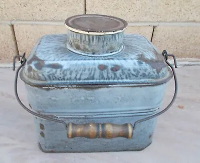 ANTIQUE GRAY GRANITEWARE LUNCH BUCKET PAIL W/ THERMOS 4 Pc • $40