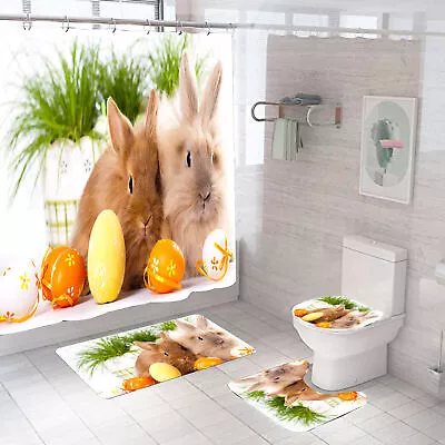 Easter Bunny Eggs Waterproof Shower Curtain Bath Mat Toilet Cover Set • $10.99