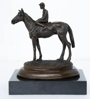 Bronze Jockey On Racehorse Sculpture - Horse Racing Gift - Solid Marble Base • £129