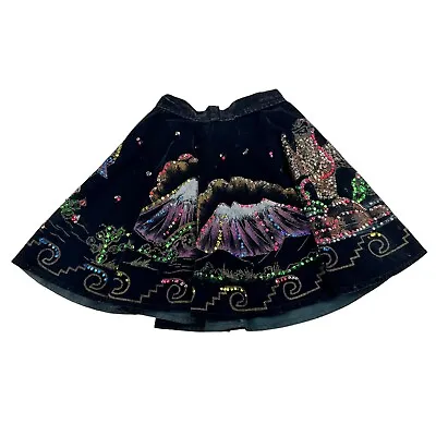 Vintage 50s Black Velvet Hand Painted Sequins Party Full Circle Skirt • $59.99