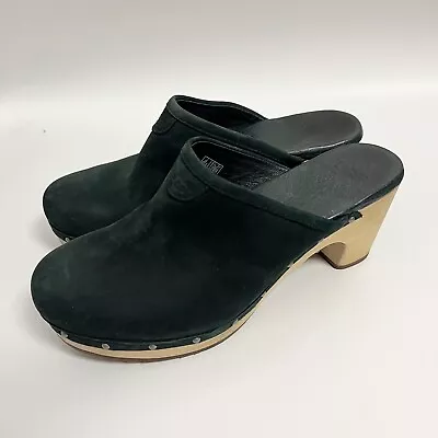 Ugg Abbie Sheepskin Black Suede Clogs Wood Heels Mules Shoes 3149 Sz 6 • $52.50