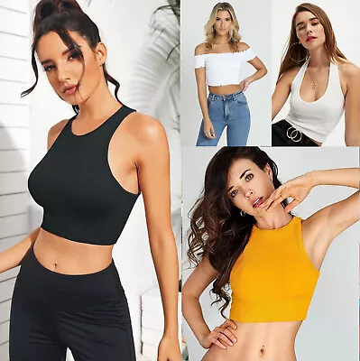 £5.99 • Buy Women's Sleeveless Crop Tops Bandeau Ladies Closed Halter Neck Bra Racer Blouse