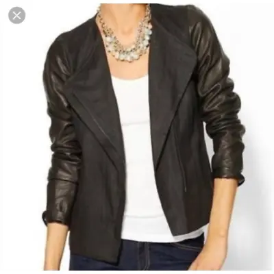 VINCE Black Leather Linen Silk Zip Drape Asymmetric Motorcycle Moto Jacket Sz 12 • $129