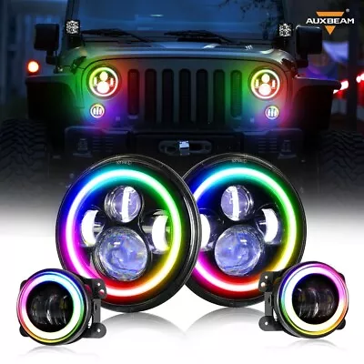 AUXBEAM 7'' RGB Muti-Color LED Headlights Fog Lights For Jeep Wrangler JK 07-17 • $169.99