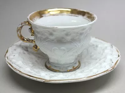 RARE Antique Large MEISSEN WHITE TEA CUP & SAUCER SET W/ Beautiful Relief • $55.01