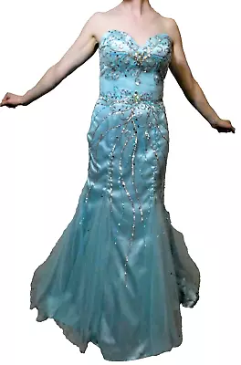 Prom Dress Blue Chiffon Couture Corset Long Formal Mermaid Party Ball Gown Sz 8 • £72.94