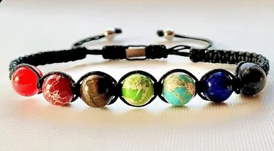 Natural 7 Chakra Energy Healing Awakening 10mm Real Stones Adjustable Bracelet • £2.95