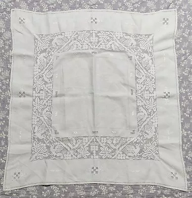 Vintage White Linen & Lace Love Birds Embroidered Square Tablecloth 86cm X 82cm • $40