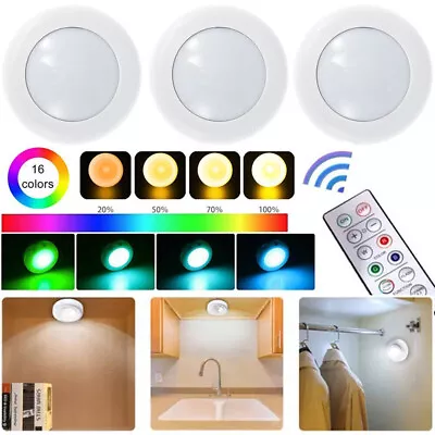 3Pcs Wireless RGB LED Lights Under Cabinet Closet Shelf Counter Lamp With Remote • £7.99