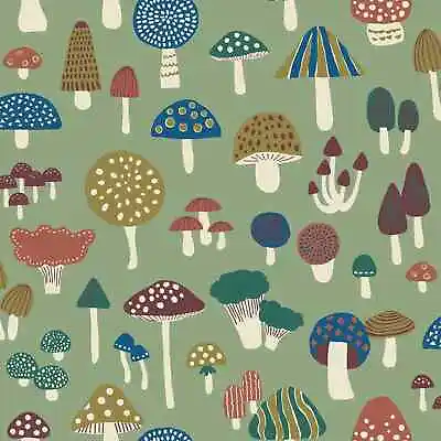 Mushrooms On Sage Green - Mushroom & Cherry - Cosmo Japan Cotton Oxford Fabric • $3.91